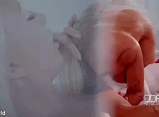 Raunchy lesbian pillow fight explodes into wild pussy licking in bedroom