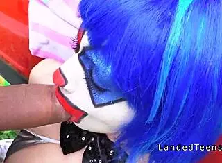 Man, this teen in clown costume bangs outdoor until a messy cumshot!