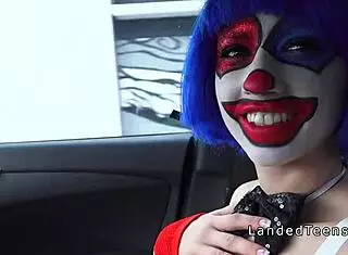 Man, this teen in clown costume bangs outdoor until a messy cumshot!