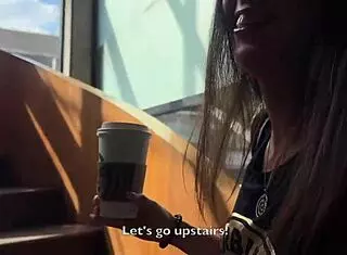Crazy teen couple does blowjob in starbucks toilet and drinks coffee with sperm on the street