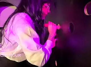 brunette with big ass takes two cocks in glory hole first time