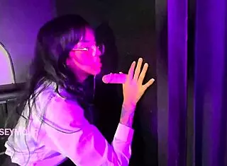 brunette with big ass takes two cocks in glory hole first time