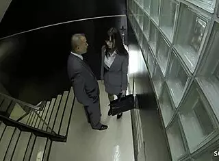 Old boss tricks Japanese teen secretary into quick stairwell blowjob in uncensored JAV, holy crap!