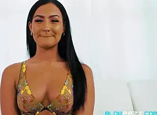 Mila Monet's moist mouth swallows big cock with intense licking and saliva