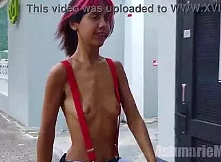 Wearing Micro Skirt Topless in Public with Suspenders On