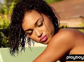 glamorous all natural ebony noelle monique gets naked at the pool outdoor