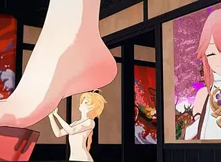 Yae Miko gives an amazing footjob with her huge tall feet 😘