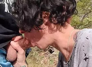 Blowjob in the Woods with Public Face Fucking and Swallow