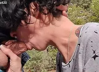Blowjob in the Woods with Public Face Fucking and Swallow