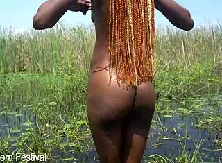 Slim African Woman with Soft Butt Bathing in River