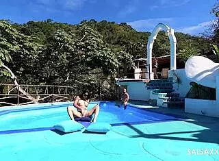 Tattooed Latina gets wild by the pool with sloppy doggystyle banging. Her big pussy takes a monster cock hard.