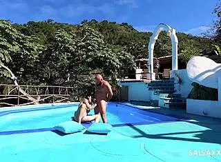 Tattooed Latina gets wild by the pool with sloppy doggystyle banging. Her big pussy takes a monster cock hard.