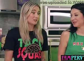 Stepsisters' hot sauce challenge unexpectedly leads to a threesome with stepbro.