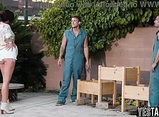 Two Handymen Rail Petite Milf Wife's Big Ass In Doggystyle And Cunilingus With Monster Cock