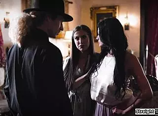 the lesbian couple forces the disapproving priest to lick their pussies in a taboo 3some