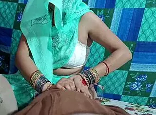 Father-in-law calls daughter-in-law to the room. She grabs his dick in surprise, speaking in clear Hindi.