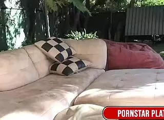 Blonde milf Yuri Luv screams in close-up with her huge fake tits.