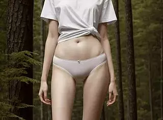 Sexy models in lingerie chill at forest cabin. Barefoot beauties relax in cute panties outdoors.