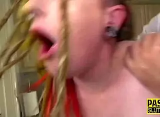 tattooed submissive slut throating deep, gagging on cock