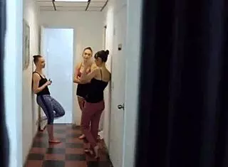 Ballerinas sneakily blowing instructor’s thick cock in group
