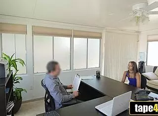 screw me on the desk for that loan! adorable teen rides pussy hard!