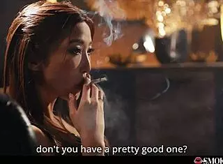 Japanese girl teases with dirty talk and cigarette smoke on cock