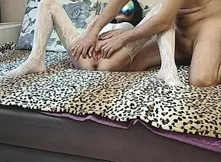 Skinny mature wife in white stockings gets fucked in front of her cuckold husband