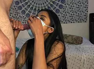 swallowed his cock with mask on, then off, kept sucking him deep!