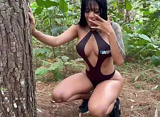 Latina with Big Ass Masturbates with Dildo in Forest to Orgasm