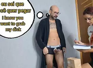 perverted grandpa receives delivery girl with cock out