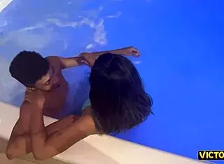 The network seller seduces the client by the pool, fucking her with his monster cock