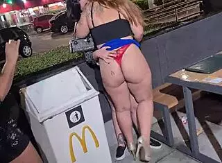we went to fast food for public lesbian action with natural tits