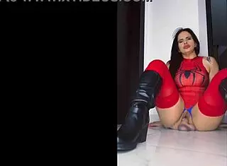 spider woman cosplay latina cums hard on big black cock, moaning loud