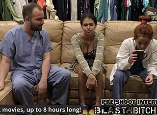 Step sisters, spread your legs for cum in backstage.