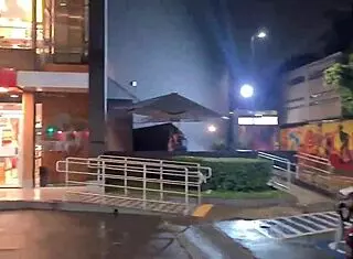 we went to fast food for public lesbian action with natural tits