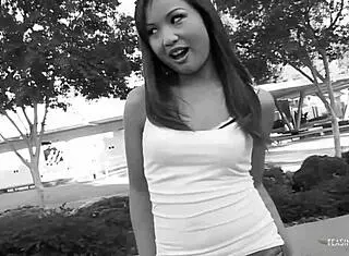 The naughty Asian babe gets picked up, rides in cowgirl, bends over for doggystyle, and enjoys blowjob in interracial threesome with facial