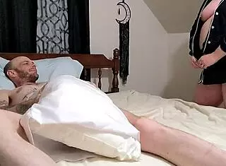 Cheating wife catches husband's friend jerking off, lets him fuck her, returns with pussy full of cum 😈