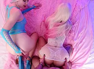 Threesome in fishnets using toys and exploring bodies