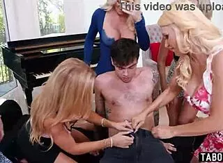 young guy reverse gangbang by five huge boobs blonde milfs
