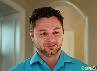 Busty teen masseuse prepares client for nuru in shower with brad sterling