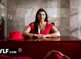 The boss bends over for sloppy face fucking and deepthroat in lingerie