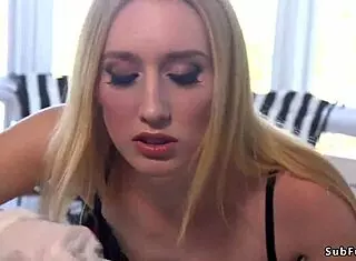 blonde slave gets bound and gangbanged by buyers in bizarre fetish fun