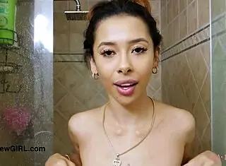 Adorable brunette beauty took a shower.