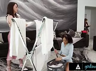 Petite brunette Alexis Tae licks Lumi Ray's shaved pussy in risky 69