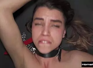 Submissive teen 18+ moans while licking monster cock in homemade threesome, desperate for cum