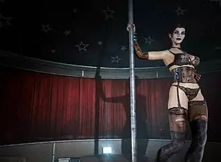 A woman performs a striptease, dancing and undressing while ripping her clothes.