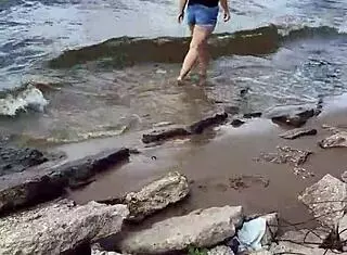 Teen Sucking Cock Outdoors on River Close-Up