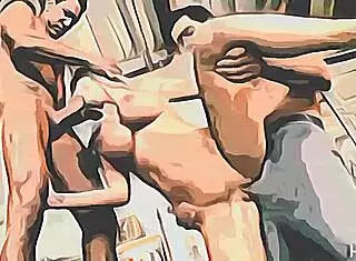 blonde girl with big tits in threesome blowjob action