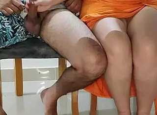 Stepsister gets hot at dinner with stepfathers and keeps going