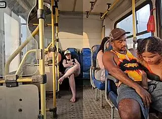 married brunette flirts with a stranger on the bus, ends up sucking his big cock